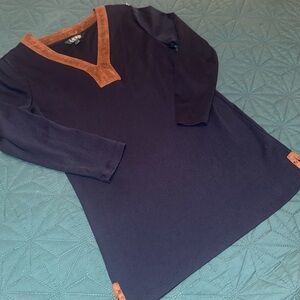 Lauren Ralph Lauren Women’s Medium M Top - navy with brown suede detail